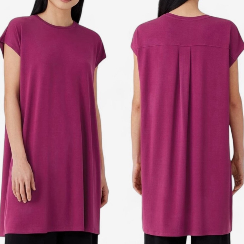 Eileen Fisher Fine Jersey Cap-Sleeve Berry Boxy Fit Knee Length Dress Size M